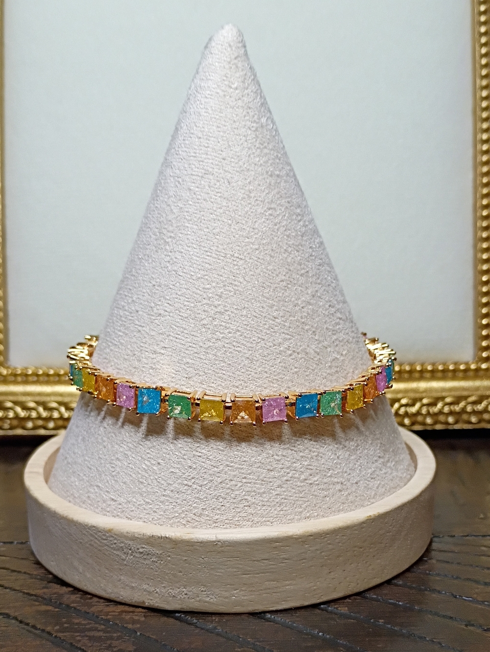 New Gold Plated Multi-Color Square CZ Tennis Bracelet - Women Jewelry